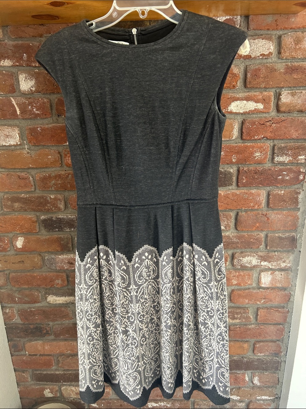 Maggy London Charcoal Gray Midi Dress with White Lace Print